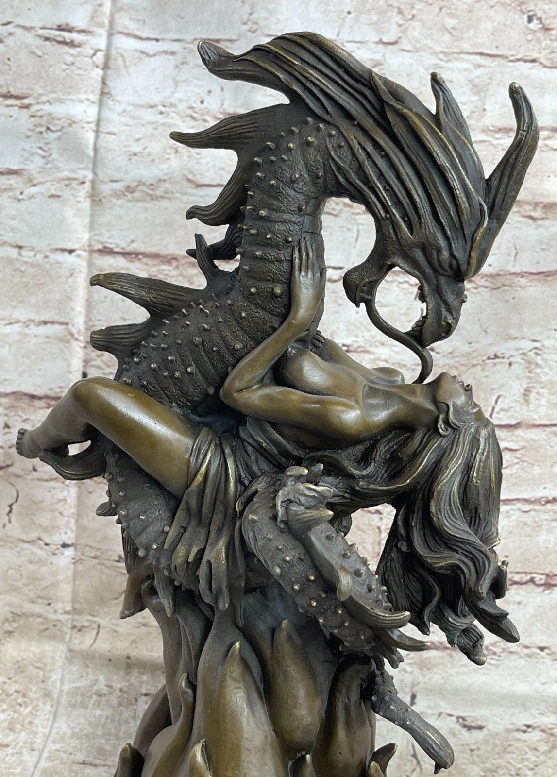 Handcrafted Hot Cast Nude Girl and Large Dragon Bronze Fantasy Sculpture Patoue