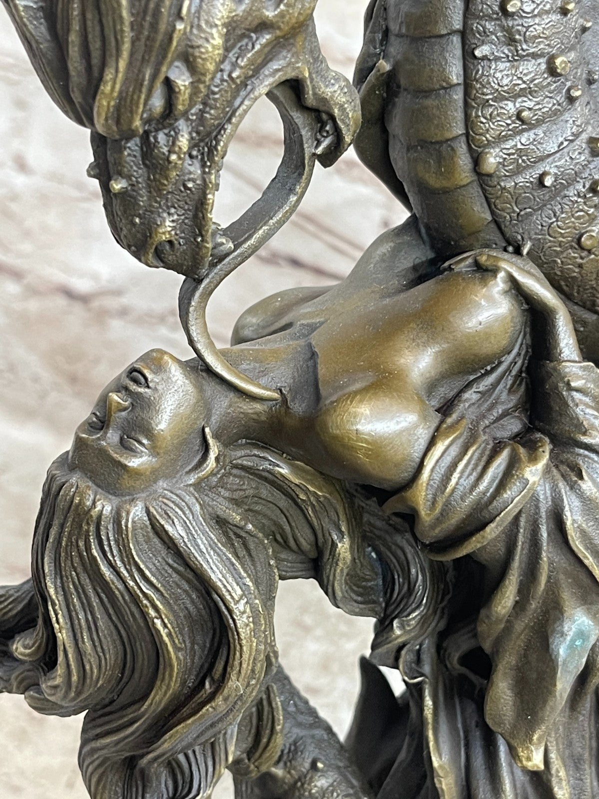 Handcrafted Hot Cast Nude Girl and Large Dragon Bronze Fantasy Sculpture Patoue