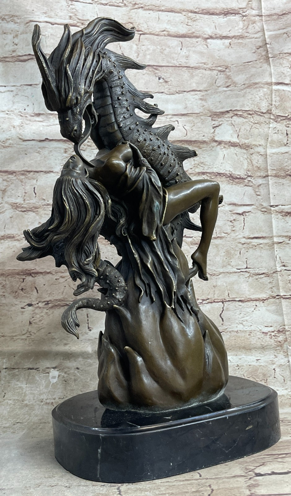 Handcrafted Hot Cast Nude Girl and Large Dragon Bronze Fantasy Sculpture Patoue
