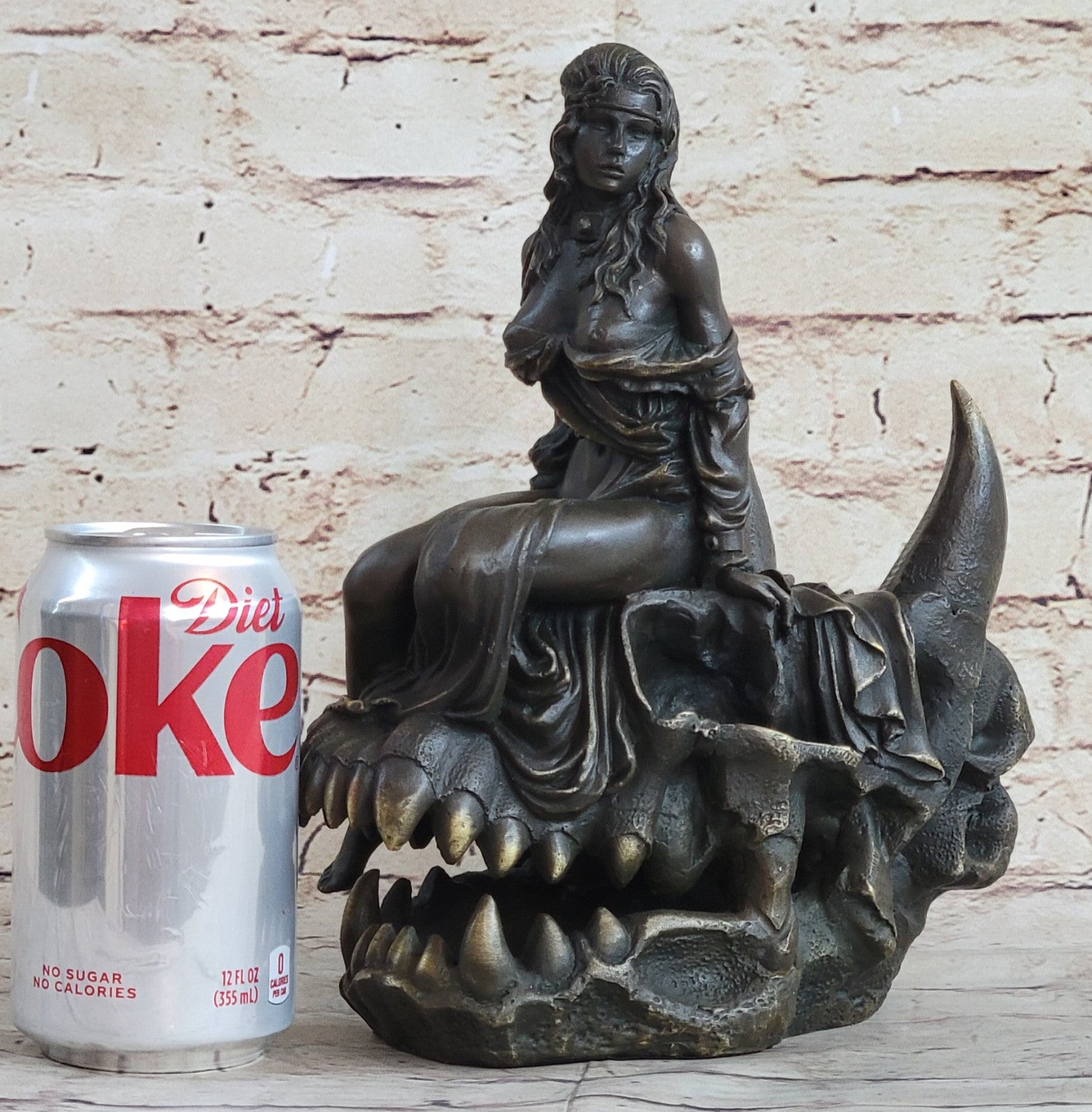 Signed Original Fisher Semi Nude Girl sitting on Skull of Demon Bronze Sculpture