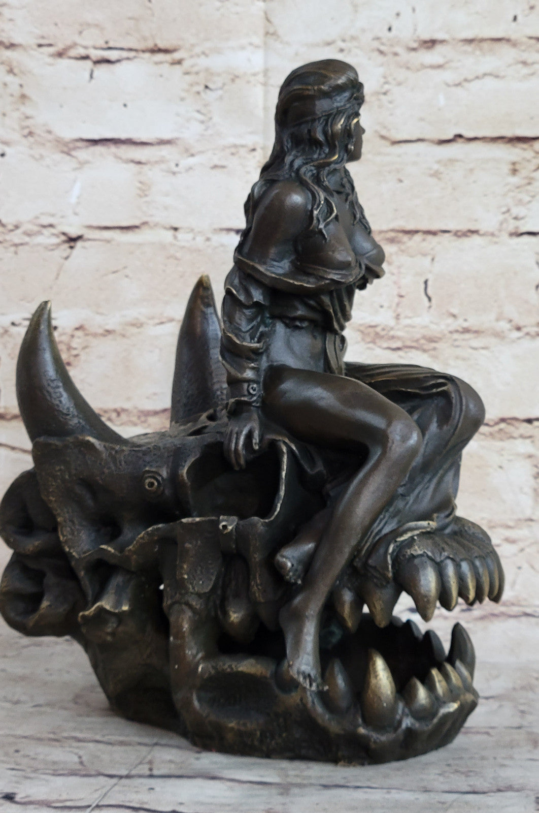 Signed Original Fisher Semi Nude Girl sitting on Skull of Demon Bronze Sculpture