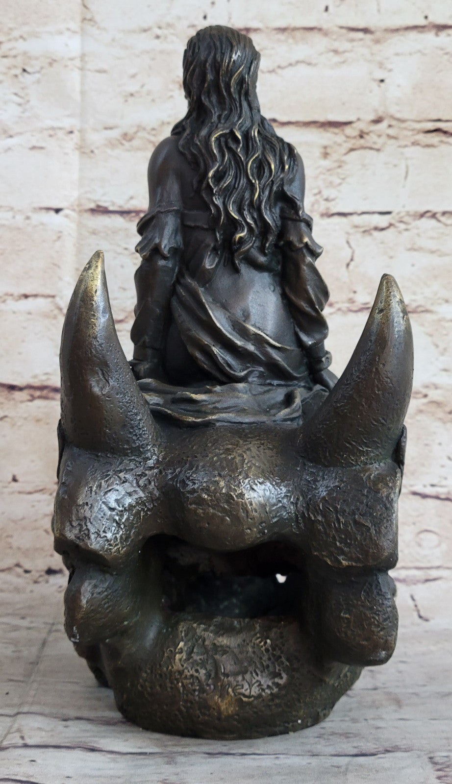 Signed Original Fisher Semi Nude Girl sitting on Skull of Demon Bronze Sculpture