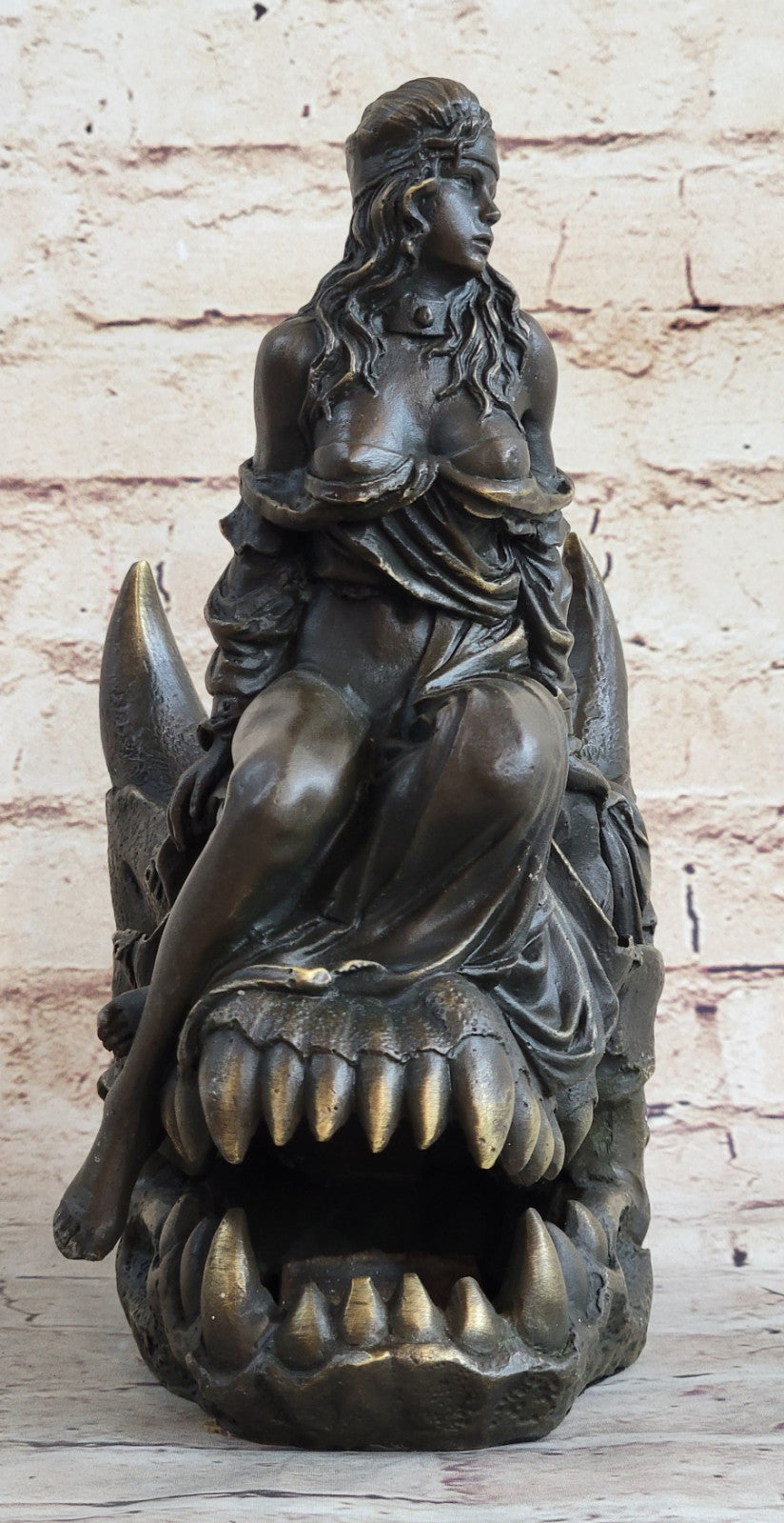 Signed Original Fisher Semi Nude Girl sitting on Skull of Demon Bronze Sculpture