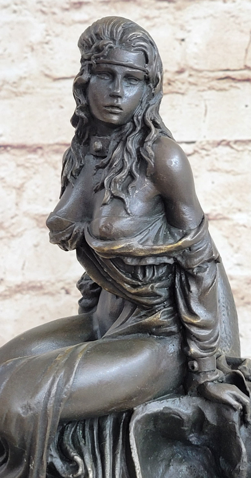 Signed Original Fisher Semi Nude Girl sitting on Skull of Demon Bronze Sculpture
