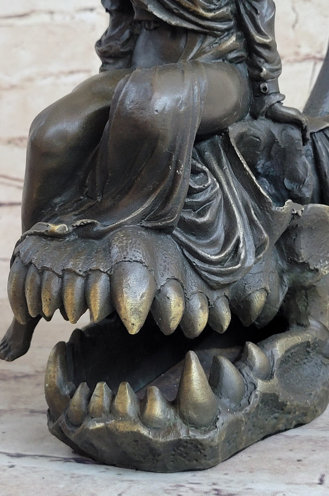 Signed Original Fisher Semi Nude Girl sitting on Skull of Demon Bronze Sculpture
