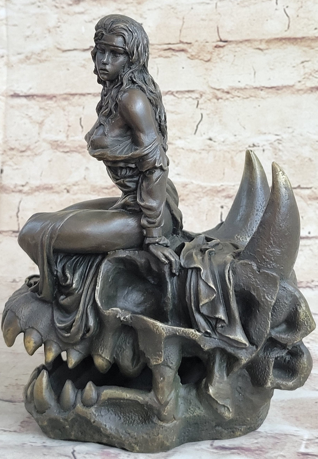 Signed Original Fisher Semi Nude Girl sitting on Skull of Demon Bronze Sculpture