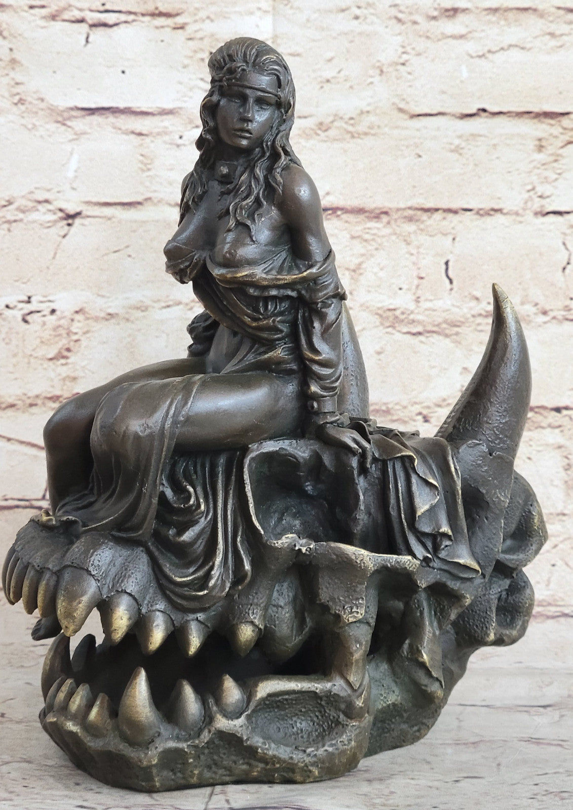 Signed Original Fisher Semi Nude Girl sitting on Skull of Demon Bronze Sculpture