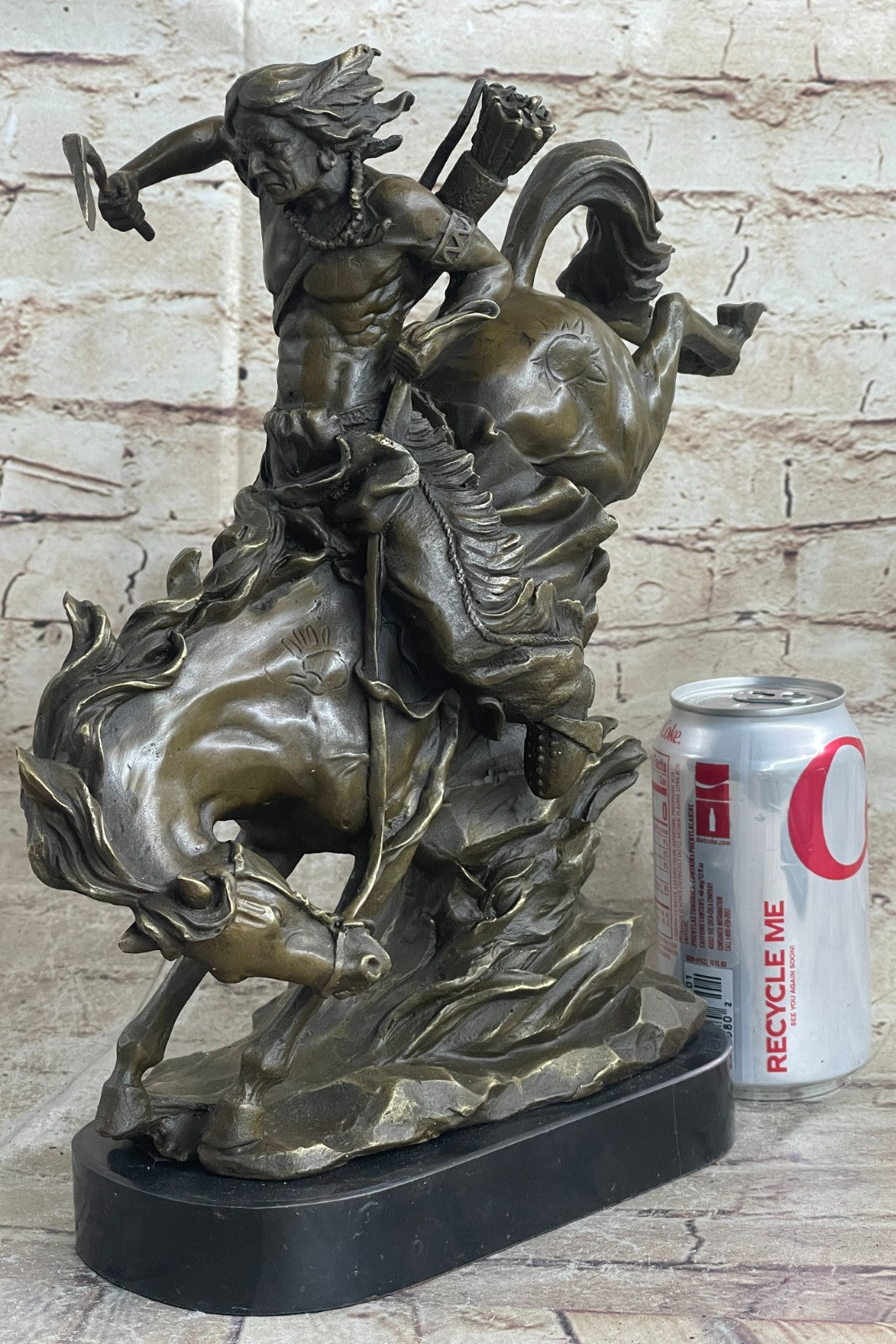 Bronze Sculpture Indian Chief Riding Horse With Axe Hot Cast Marble Base Figurine