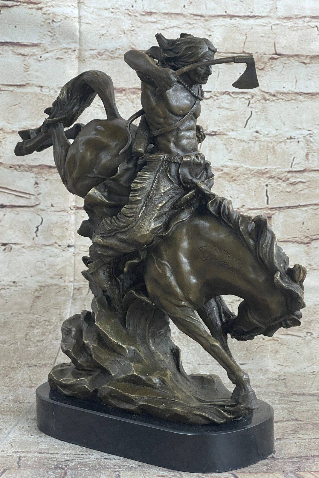 Bronze Sculpture Indian Chief Riding Horse With Axe Hot Cast Marble Base Figurine