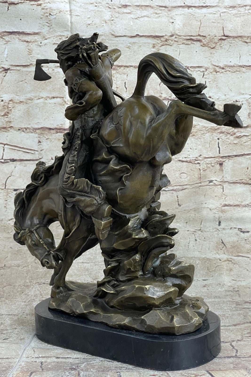 Bronze Sculpture Indian Chief Riding Horse With Axe Hot Cast Marble Base Figurine