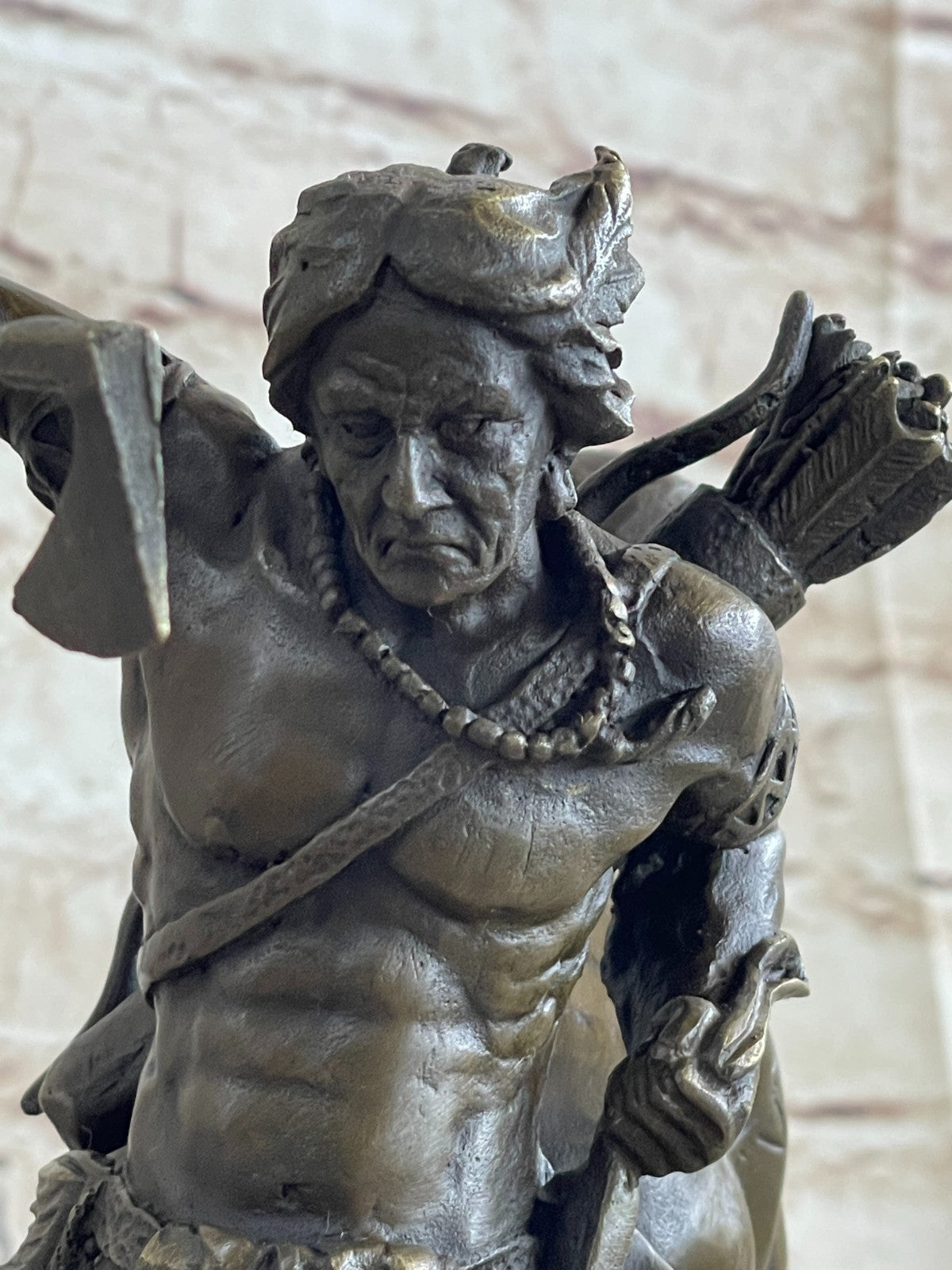 Bronze Sculpture Indian Chief Riding Horse With Axe Hot Cast Marble Base Figurine