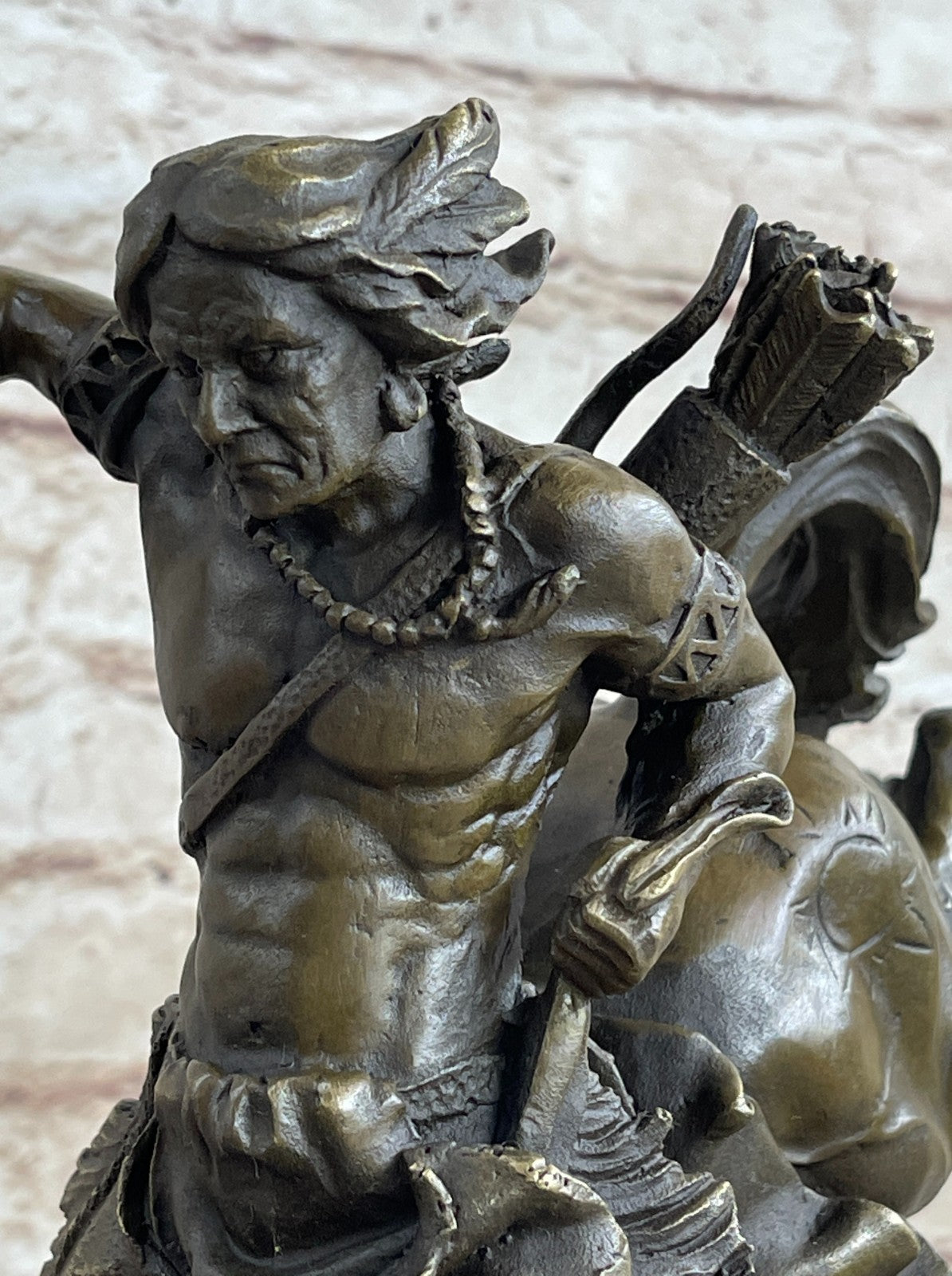 Bronze Sculpture Indian Chief Riding Horse With Axe Hot Cast Marble Base Figurine