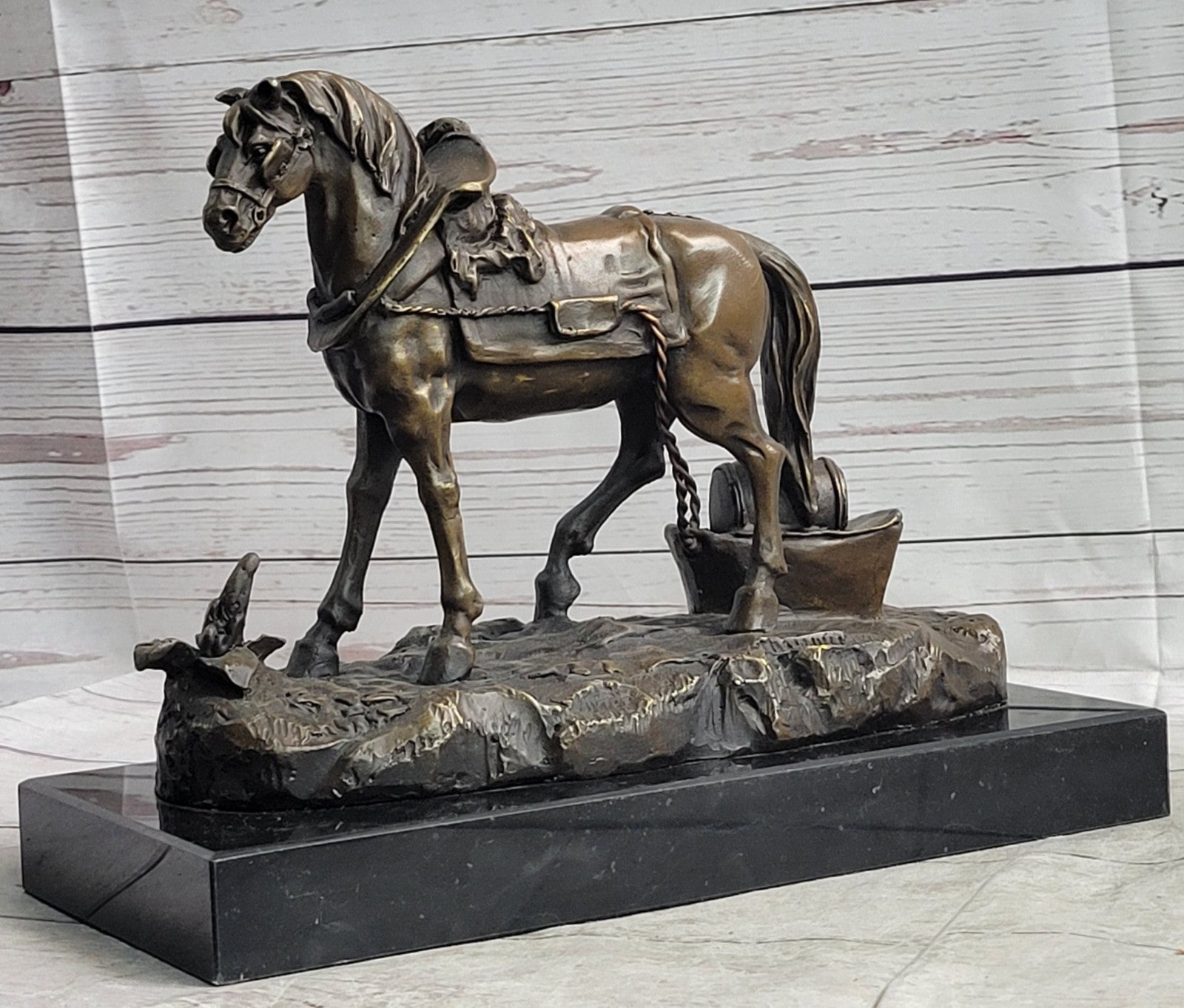 Handcrafted Work Horse Farm Bronze Sculpture Marble Base Figurine Figure