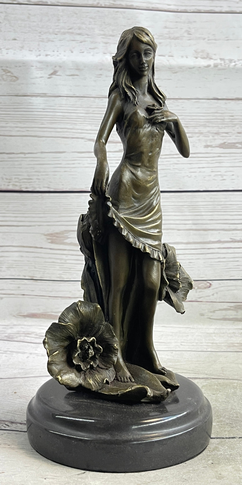 Art Deco Bronze Maiden: Signed Moreau Lily Girl with Flowers - Collectible Statue