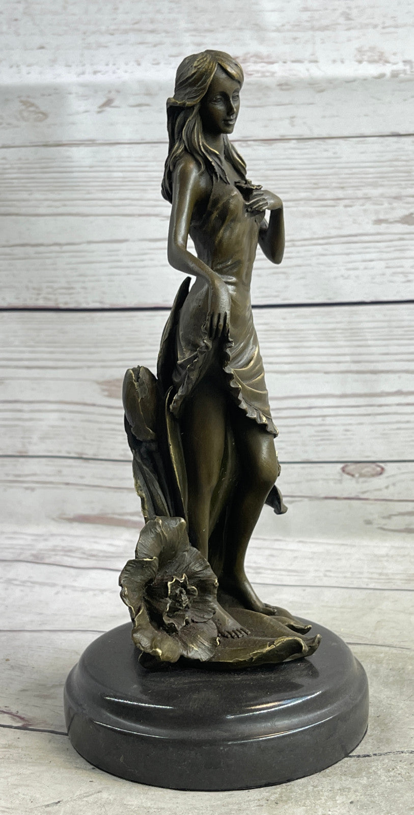 Art Deco Bronze Maiden: Signed Moreau Lily Girl with Flowers - Collectible Statue