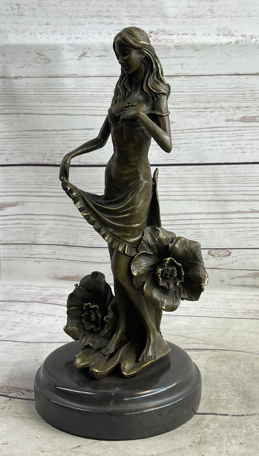 Art Deco Bronze Maiden: Signed Moreau Lily Girl with Flowers - Collectible Statue