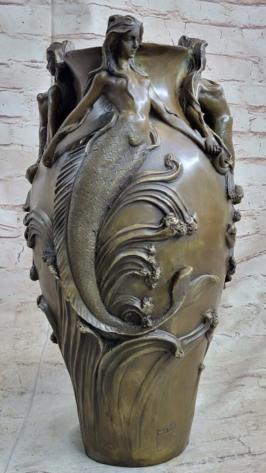 Bronze Sculpture Handcrafted Mermaid Vase Planter Home Office Decoration