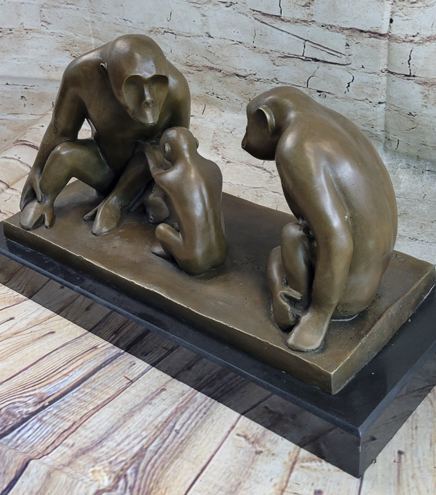 Vintage Modern Art Baboons Baby Bronze Statue Sculpture Marble Base contemporary