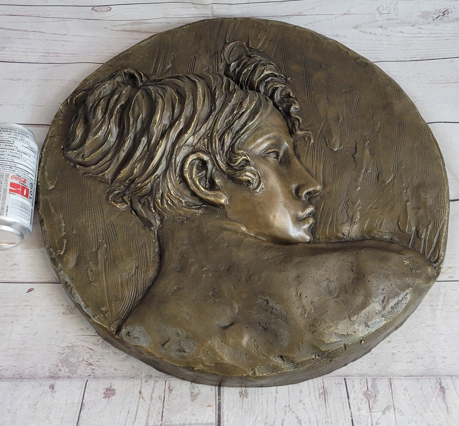 Original Hand Crafted Large Bas Relief Plaque Woman Face Bronze Sculpture Statue