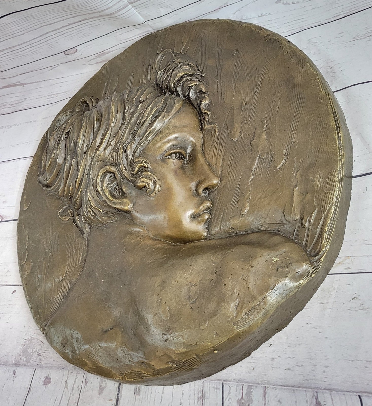 Original Hand Crafted Large Bas Relief Plaque Woman Face Bronze Sculpture Statue