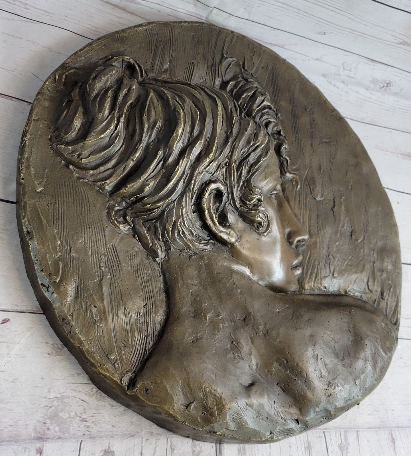 Original Hand Crafted Large Bas Relief Plaque Woman Face Bronze Sculpture Statue