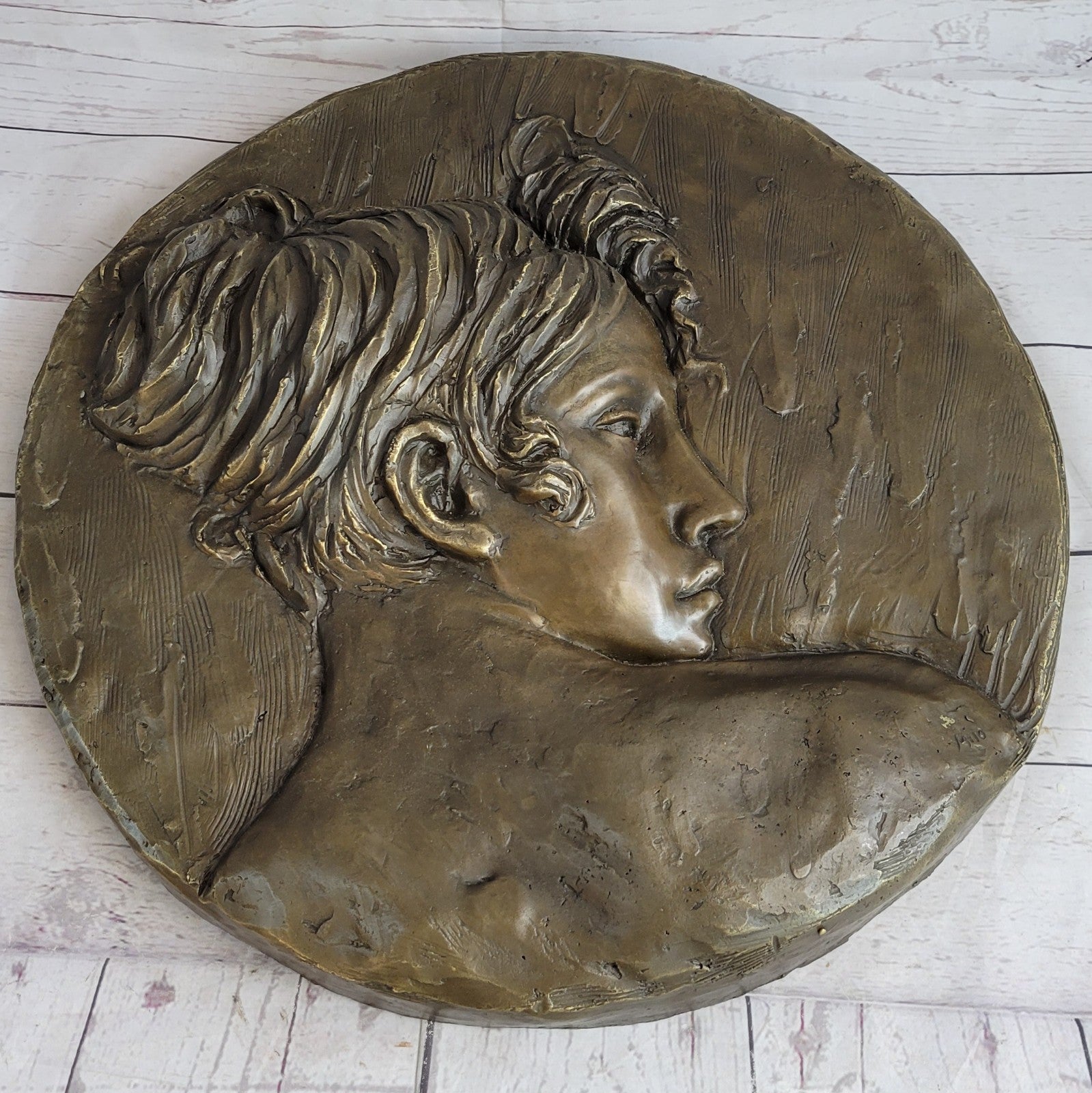 Original Hand Crafted Large Bas Relief Plaque Woman Face Bronze Sculpture Statue