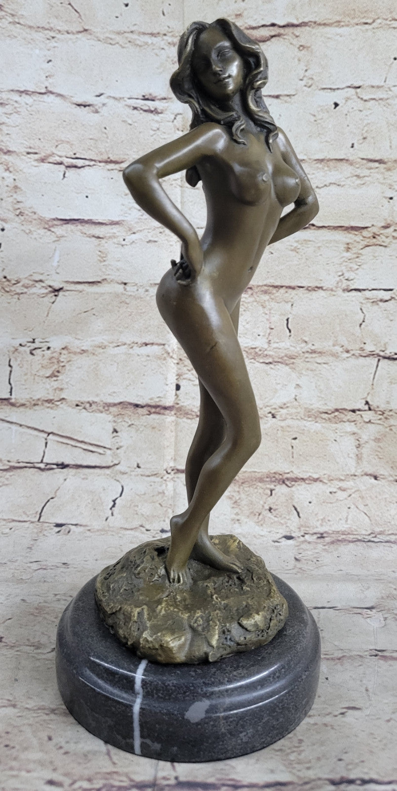 Solid Bronze sculpture undress nude women girl lady statue marble base Figurine