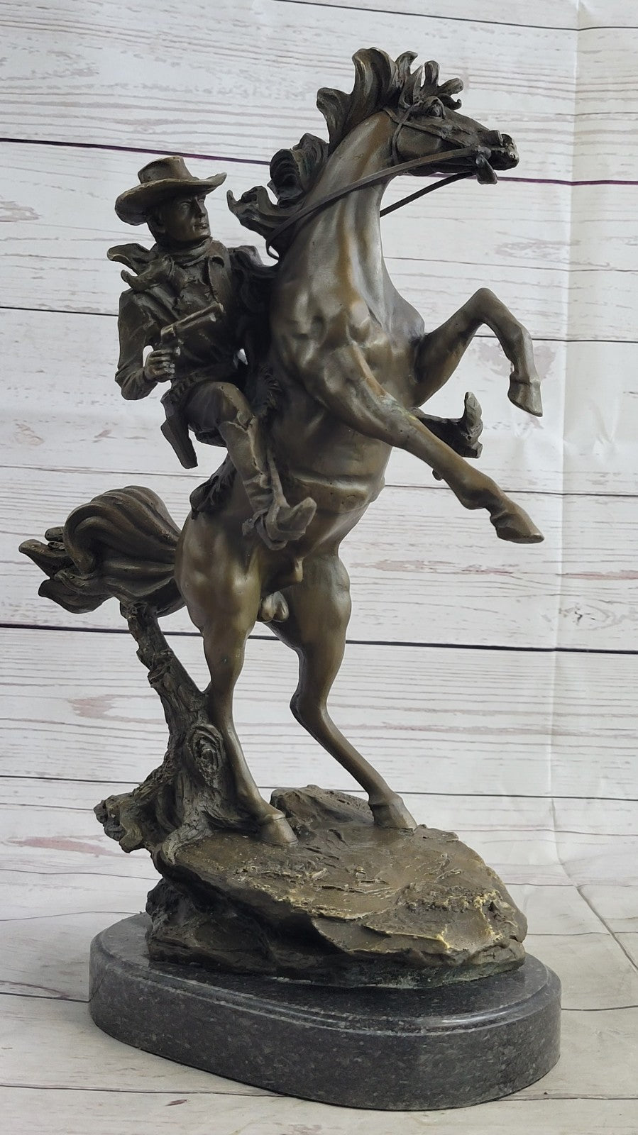 Signed Kamiko Cowboy Riding horse with Gun Bronze Sculpture Figurine Statue