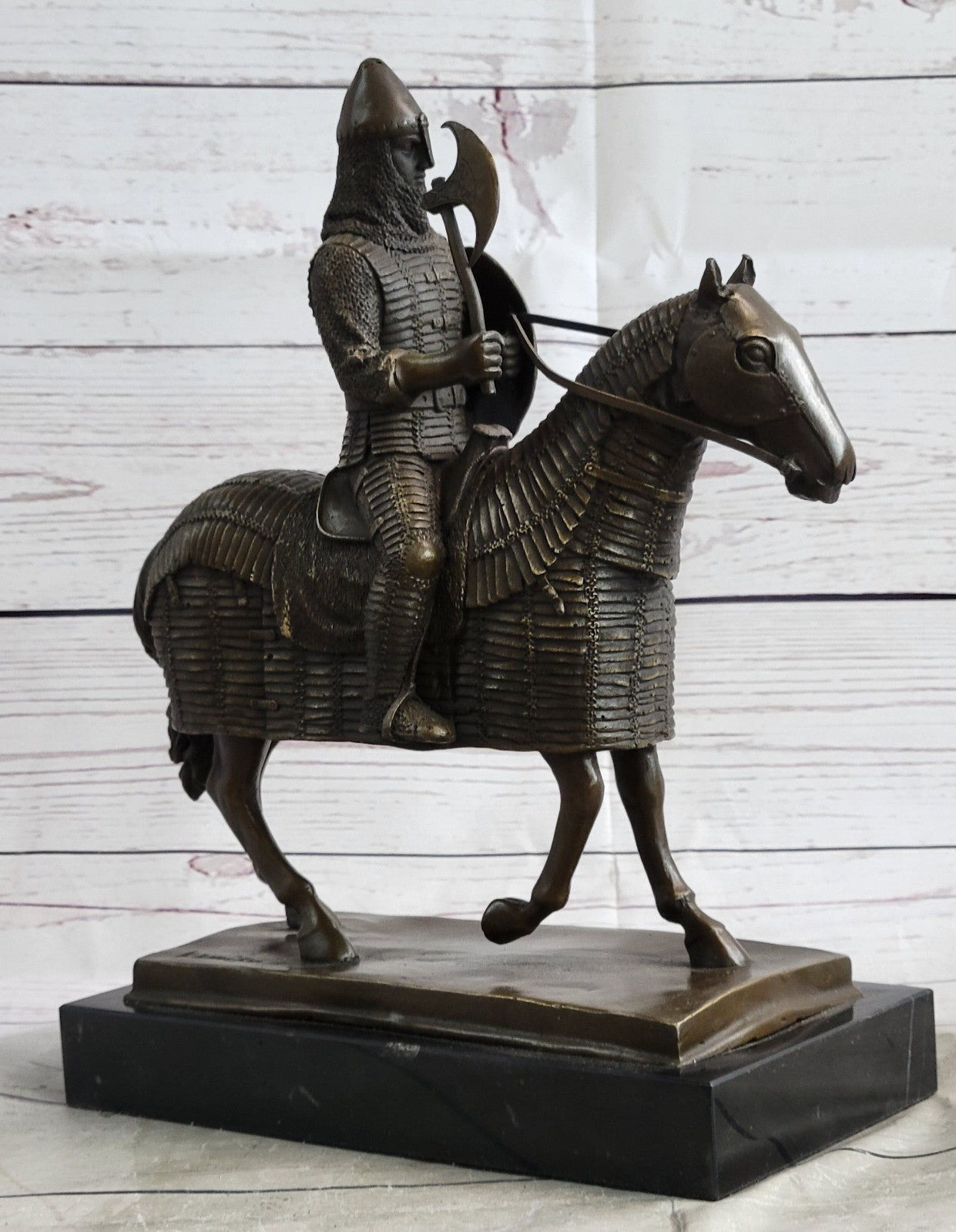 Genuine Bronze Sculpture Medieval Knight & Horse, Armor Sword Slate Base Hot Cast