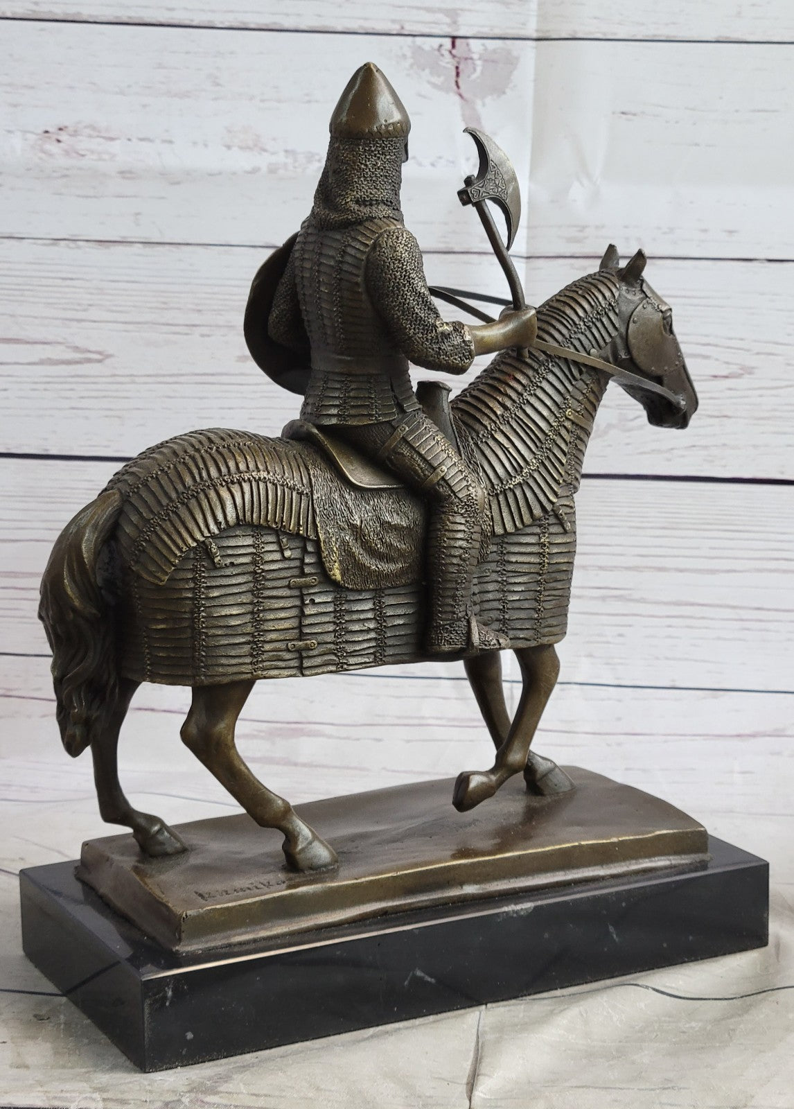 Genuine Bronze Sculpture Medieval Knight & Horse, Armor Sword Slate Base Hot Cast