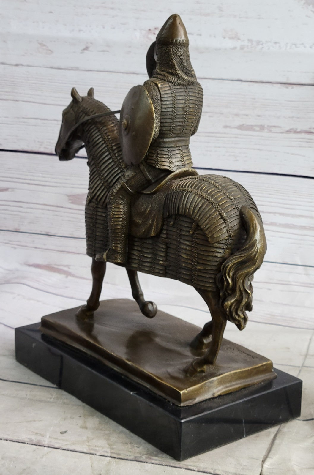 Genuine Bronze Sculpture Medieval Knight & Horse, Armor Sword Slate Base Hot Cast