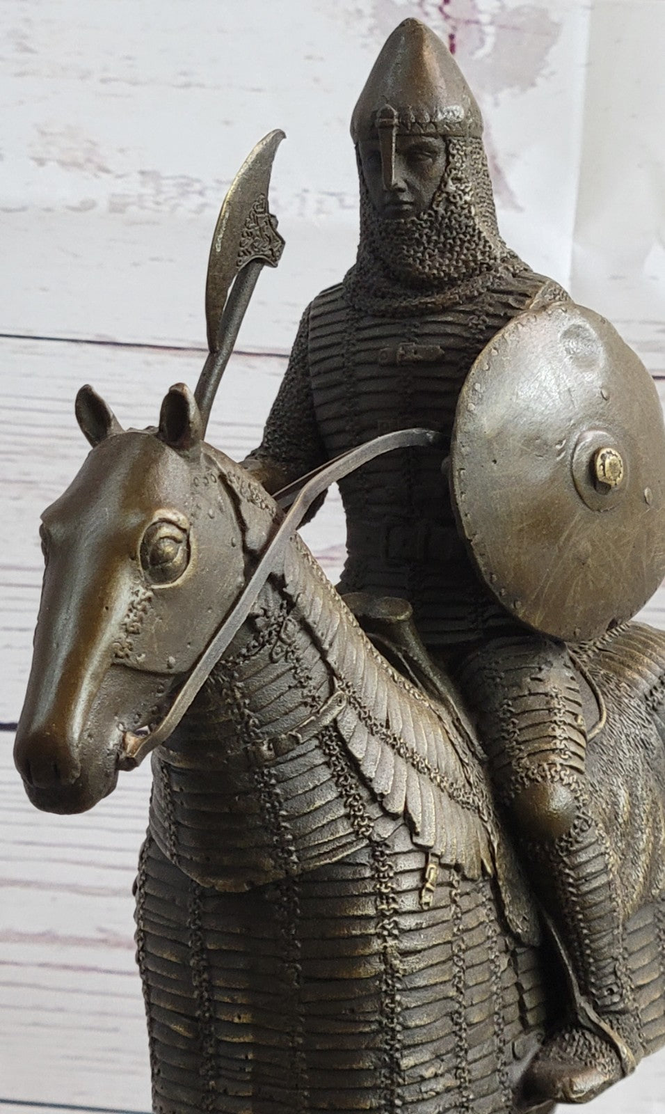 Genuine Bronze Sculpture Medieval Knight & Horse, Armor Sword Slate Base Hot Cast