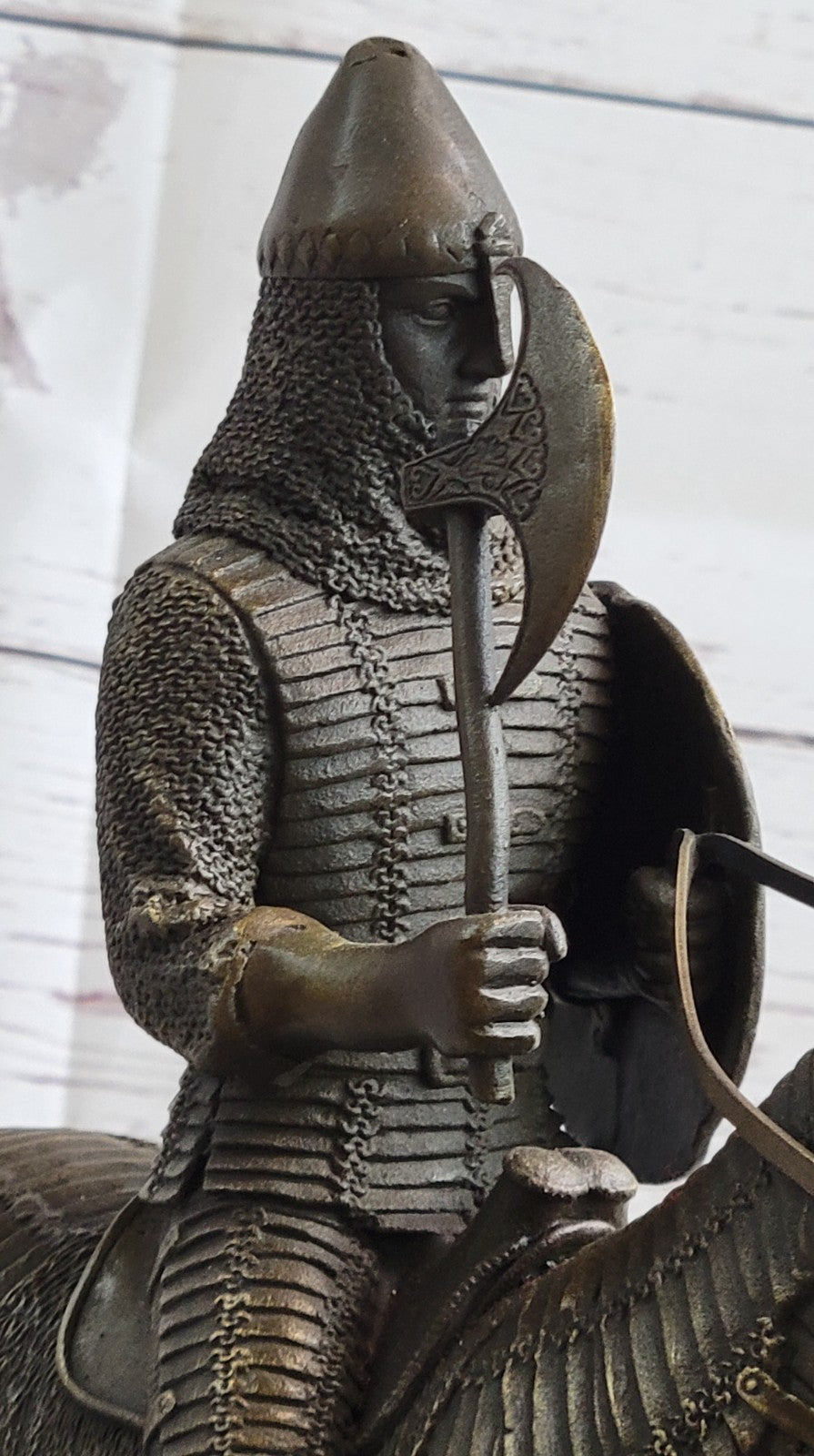 Genuine Bronze Sculpture Medieval Knight & Horse, Armor Sword Slate Base Hot Cast