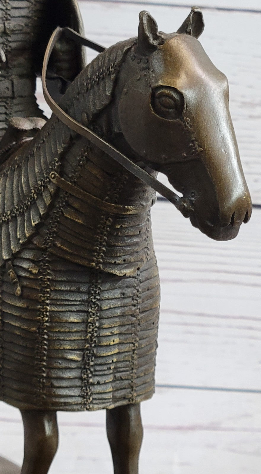 Genuine Bronze Sculpture Medieval Knight & Horse, Armor Sword Slate Base Hot Cast