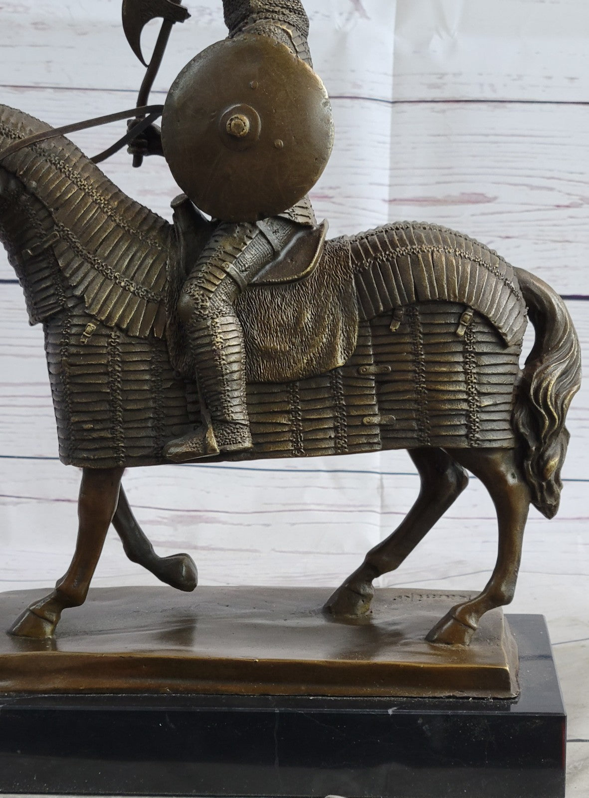 Genuine Bronze Sculpture Medieval Knight & Horse, Armor Sword Slate Base Hot Cast