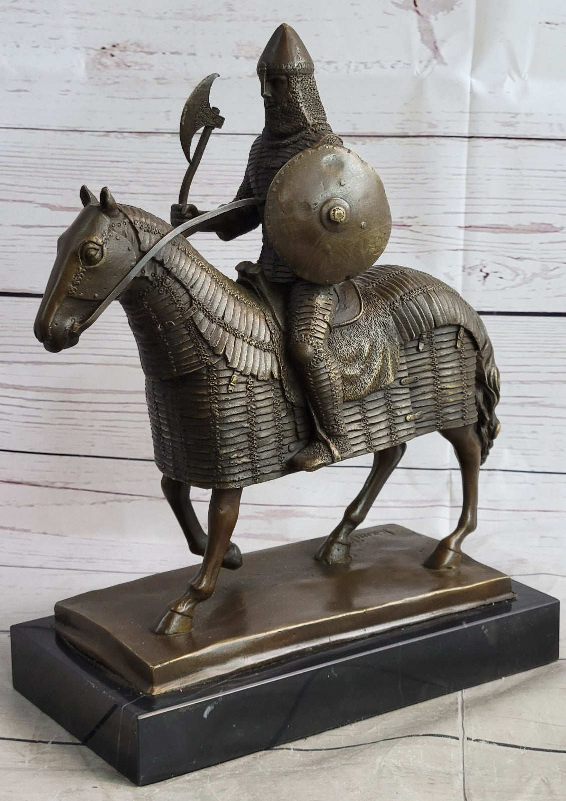 Genuine Bronze Sculpture Medieval Knight & Horse, Armor Sword Slate Base Hot Cast