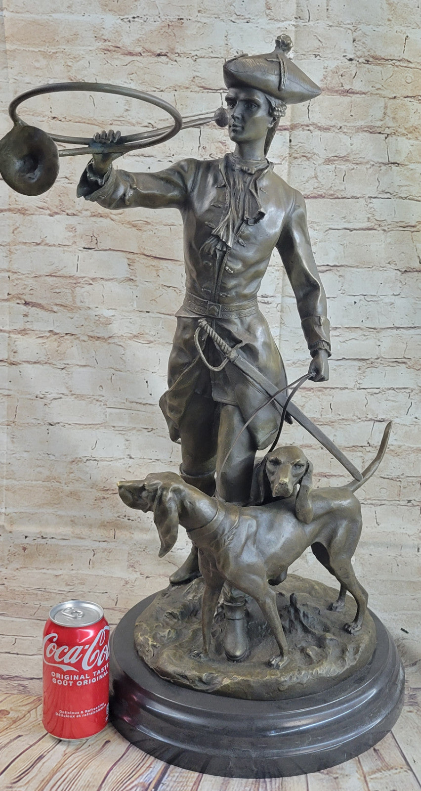Large French Bronze Hunter Soldier Statue Bloodhound Dog Sculpture Figurine Deco