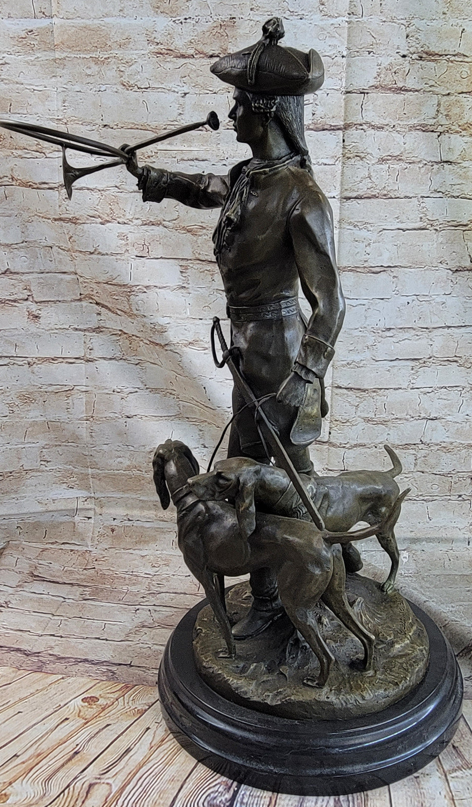 Large French Bronze Hunter Soldier Statue Bloodhound Dog Sculpture Figurine Deco