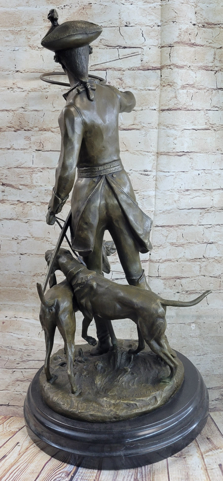 Large French Bronze Hunter Soldier Statue Bloodhound Dog Sculpture Figurine Deco