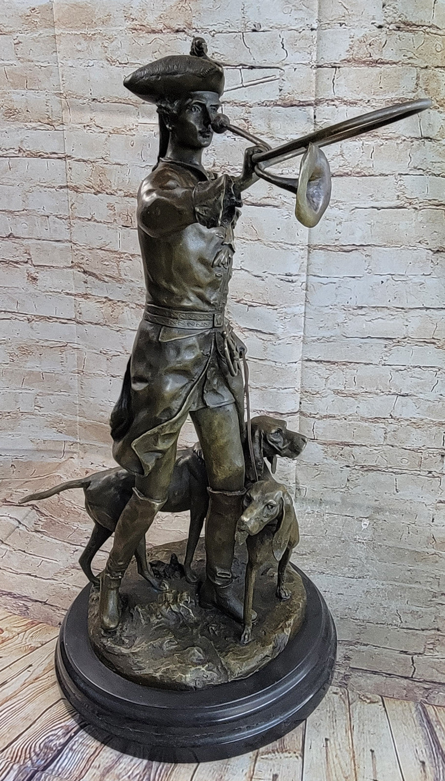 Large French Bronze Hunter Soldier Statue Bloodhound Dog Sculpture Figurine Deco