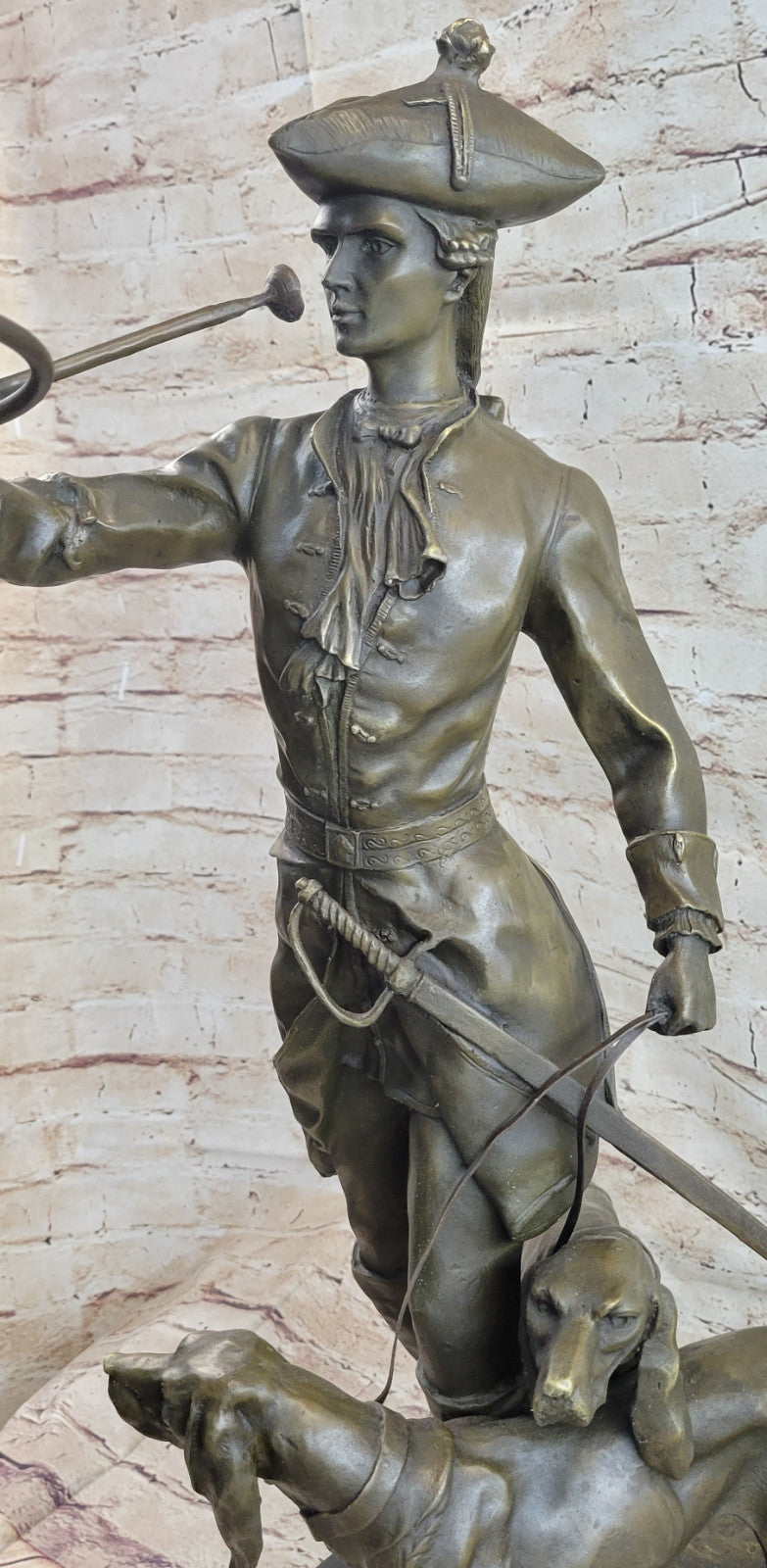 Large French Bronze Hunter Soldier Statue Bloodhound Dog Sculpture Figurine Deco