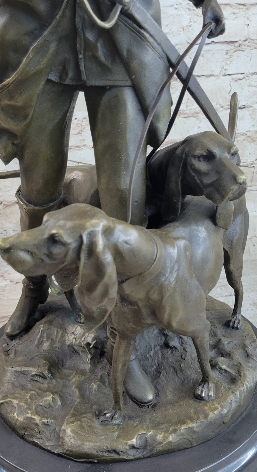 Large French Bronze Hunter Soldier Statue Bloodhound Dog Sculpture Figurine Deco