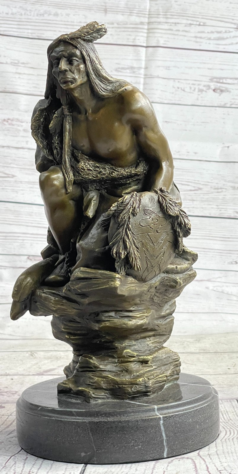 Signed American Indian Warrior Bronze Sculpture Art Figurine Statue Figure Deco