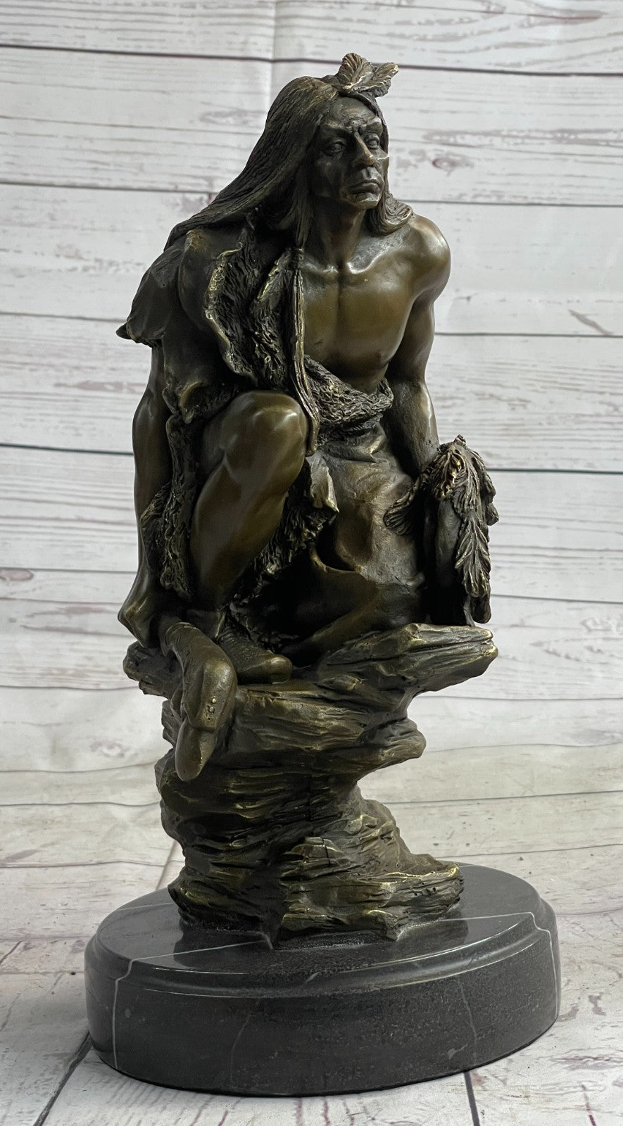 Signed American Indian Warrior Bronze Sculpture Art Figurine Statue Figure Deco