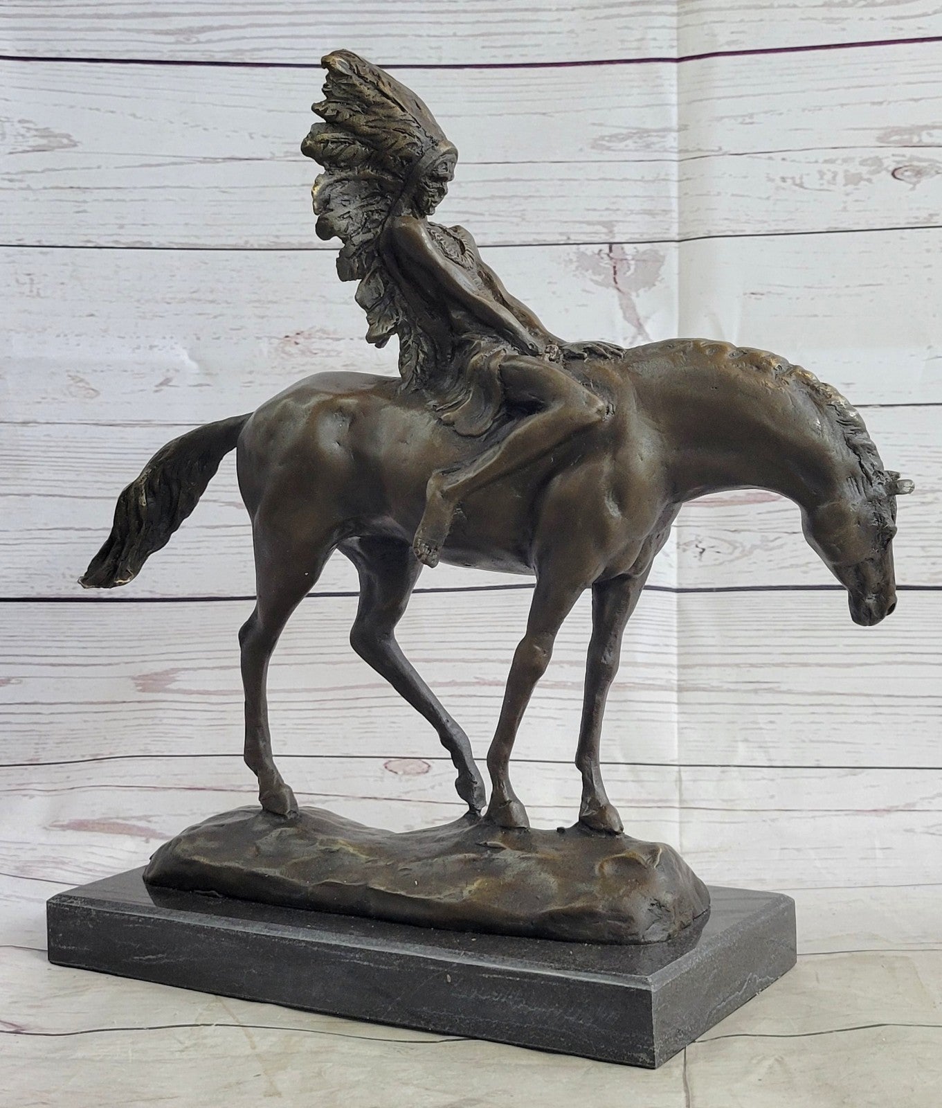 Signed Original Native American Indian Riding Horse Bronze Sculpture Figure Art