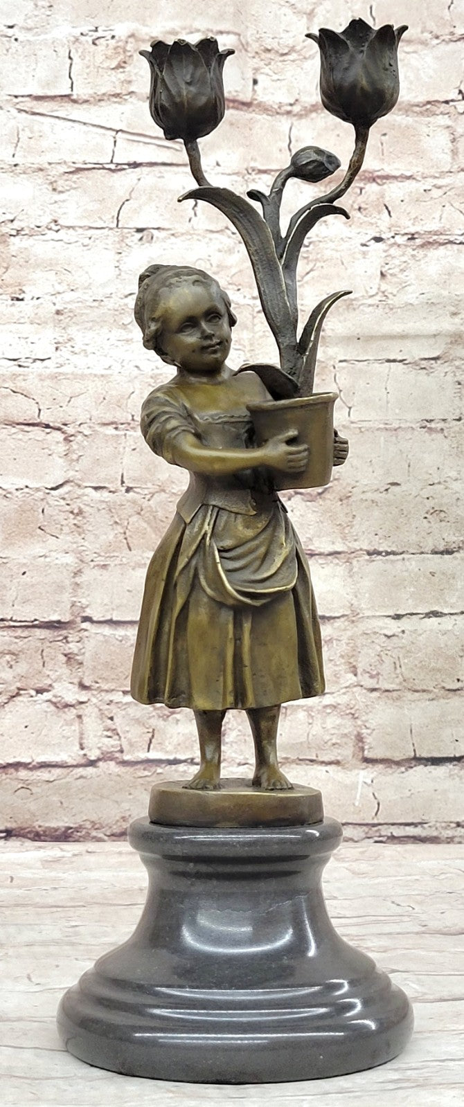 Aldo Vitaleh Original - Young Girl Holding Tulip Vase Bronze Statue Figure