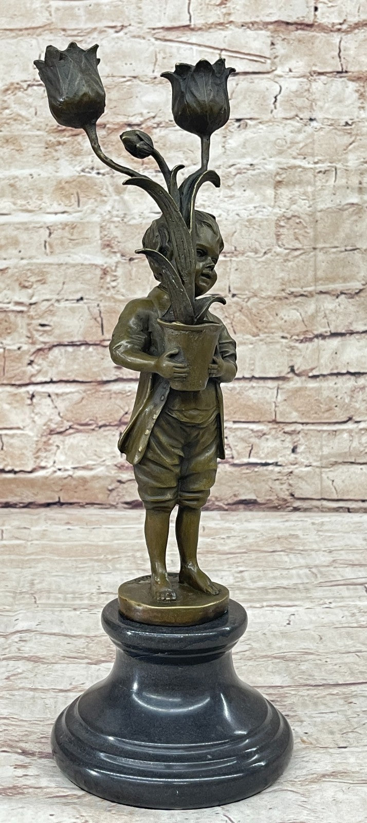 Collectible Aldo Vitaleh Bronze Sculpture - Young Boy Holding Tulip Vase Candle Holder