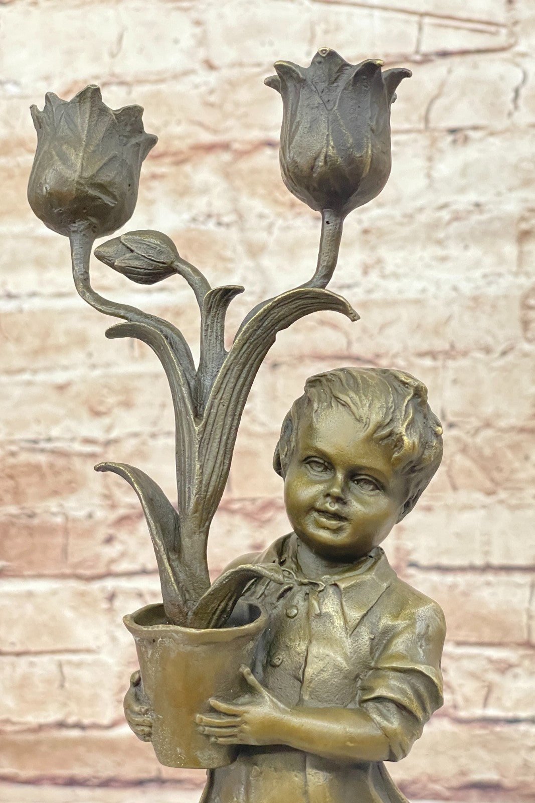 Collectible Aldo Vitaleh Bronze Sculpture - Young Boy Holding Tulip Vase Candle Holder
