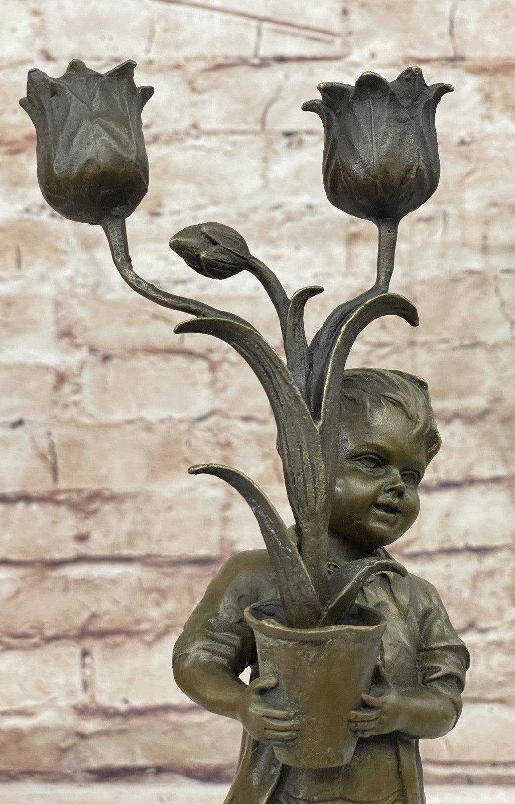 Collectible Aldo Vitaleh Bronze Sculpture - Young Boy Holding Tulip Vase Candle Holder