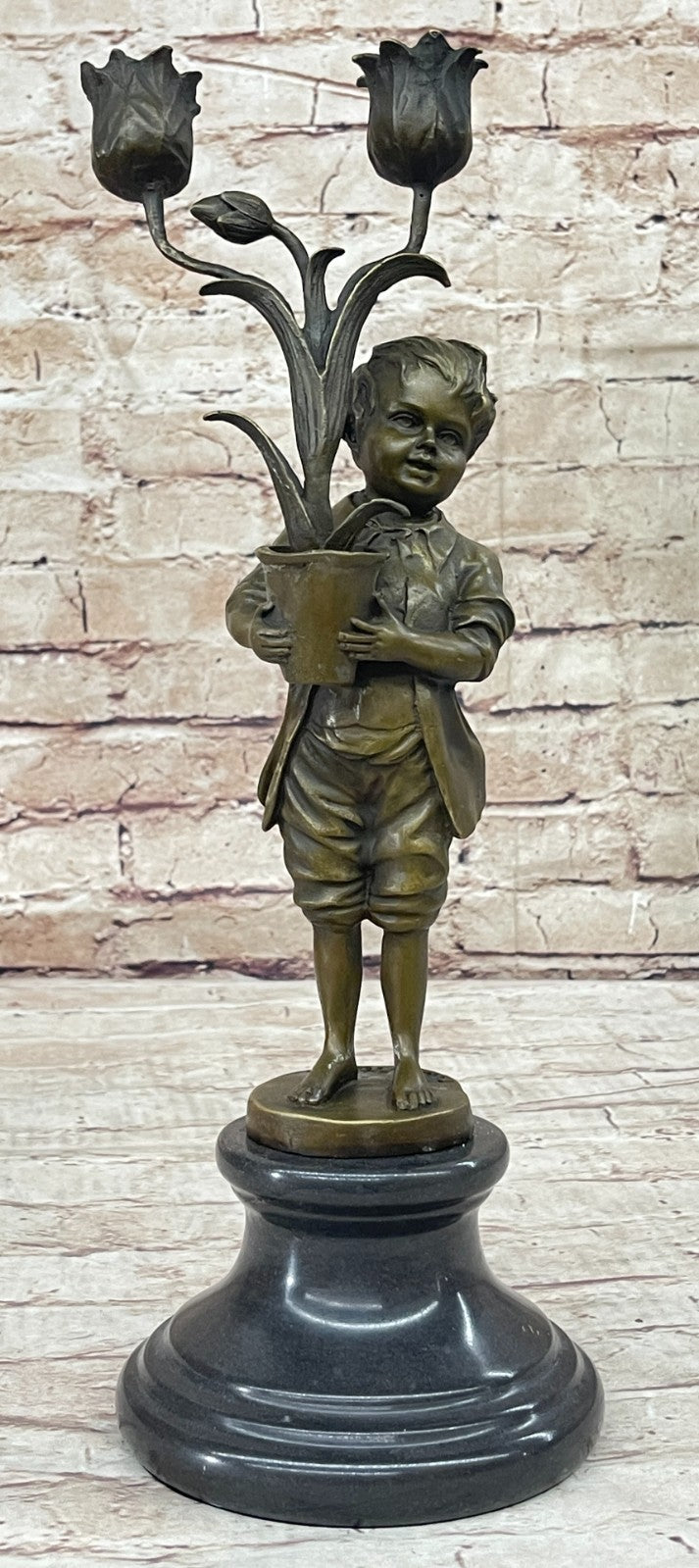 Collectible Aldo Vitaleh Bronze Sculpture - Young Boy Holding Tulip Vase Candle Holder